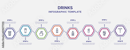 infographic template with icons and 8 options or steps. infographic for drinks concept. included paper cup, coconut drink, water jug, herbal liquor, ramos gin fizz, lemon juice, sorkscrew icons.