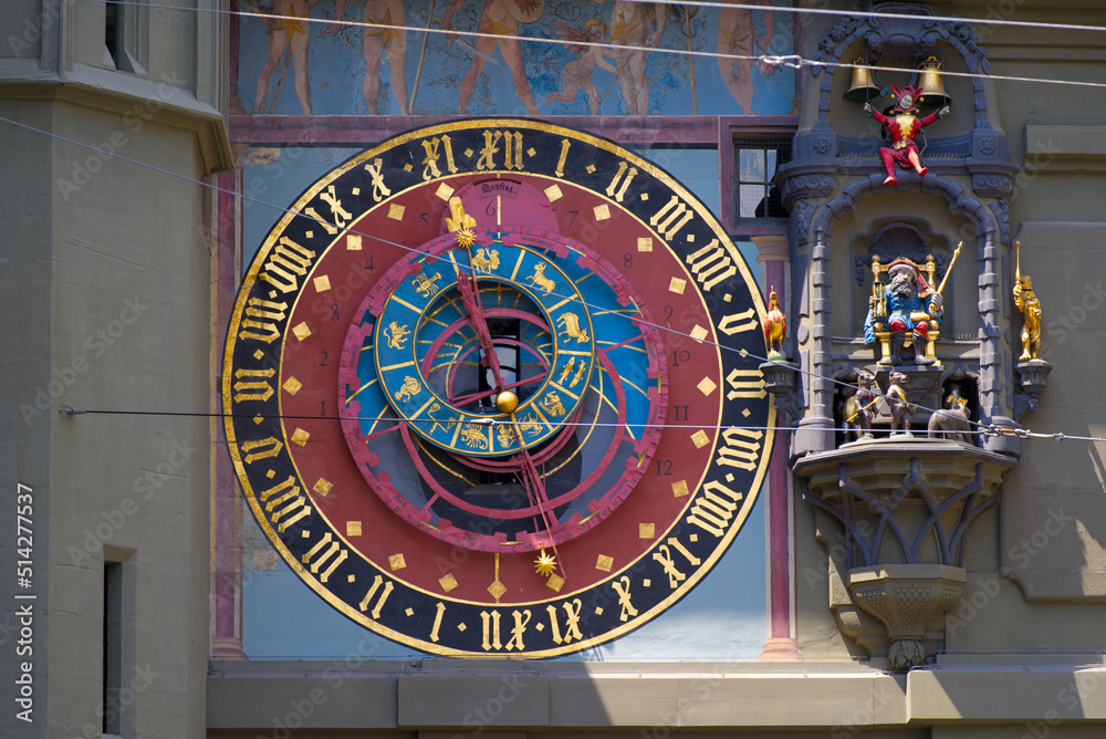Fototapeta premium Close-up of clock face of clock tower named Zytglogge at the old town of Bern on a sunny summer day. Photo taken June 16th, 2022, Bern, Switzerland.