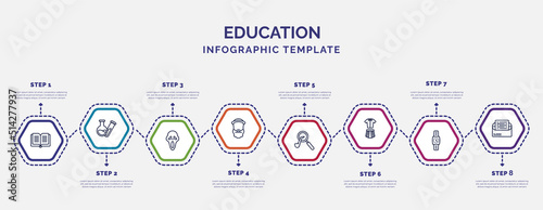 infographic template with icons and 8 options or steps. infographic for education concept. included dictionary, scream, robinson crusoe, sherlock holmes, uniform, watch, invitation icons.