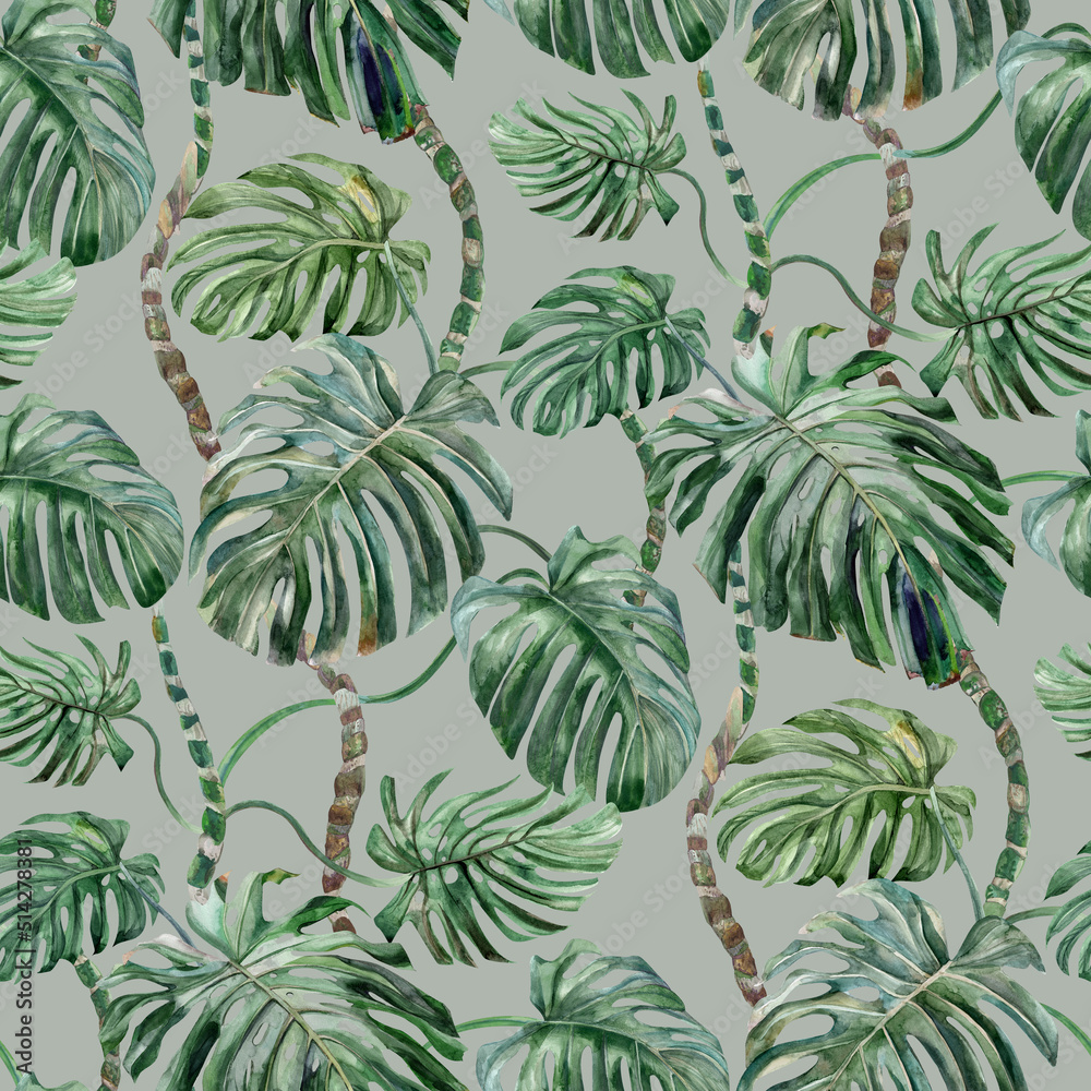 Seamless pattern with monstera flower painted in watercolor on a gray background for prints and textile design
