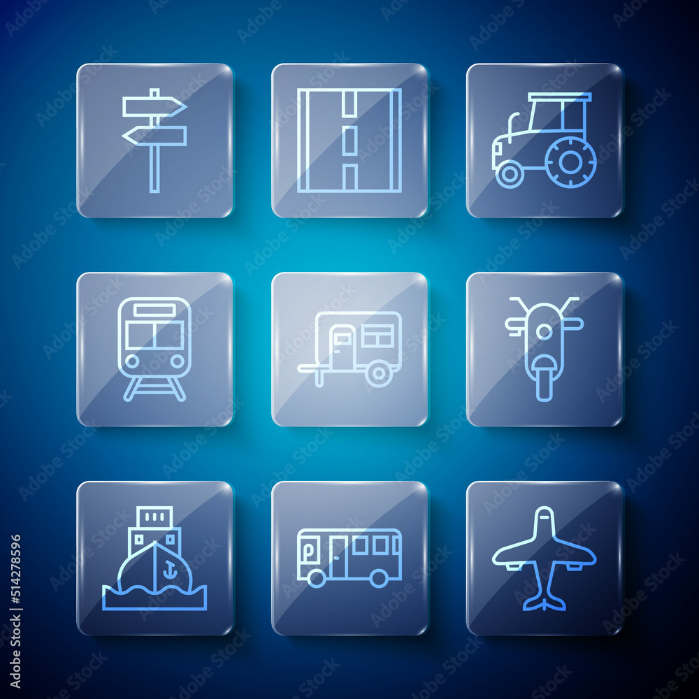 Set line Cargo ship, Bus, Plane, Tractor, Rv Camping trailer, Train and railway, Road traffic signpost and Scooter icon. Vector Set line Cargo ship, Bus, Plane, Tractor, Rv Camping trailer, Train and railway, Road traffic signpost and Scooter icon. Vector