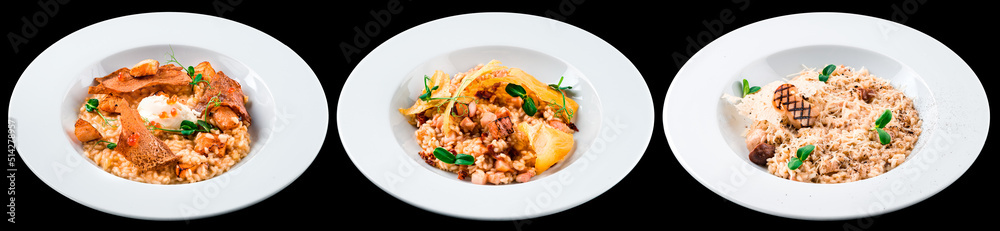 risotto collection set with mushrooms, parmesan cheese, pork meat and salmon isolated