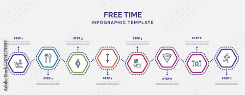 infographic template with icons and 8 options or steps. infographic for free time concept. included gardening, watches, pogo stick, bowling, baseball field, drum, running man icons.