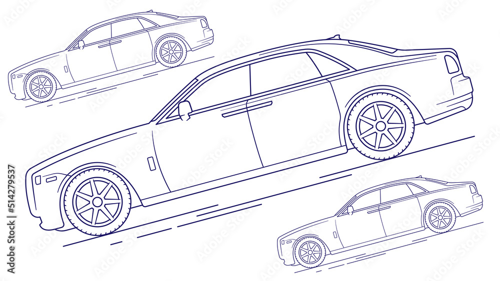 Stylish cars outline blueprint isolated on white background with slight tilt vector image.