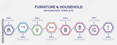 infographic template with icons and 8 options or steps. infographic for furniture & household concept. included dehumidifier, office chair, dining room, armoire, door, cabinets, coat stand icons.