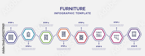 infographic template with icons and 8 options or steps. infographic for furniture concept. included dresser, shelves, bookshelve, carpet, kitchen furniture, chandelier, clo icons.