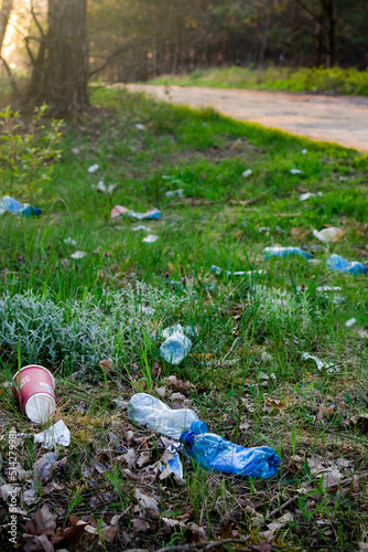 garbage scattered on the grass in the forest 