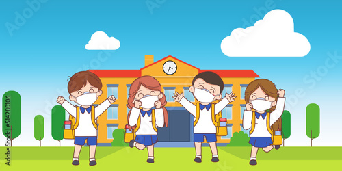 Doodle hand drawn cartoon student back to school and safe school concept with wearing a face mask stop covid-19.
