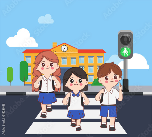 Cute cartoon student crossing the crosswalk background school. 