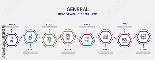 infographic template with icons and 8 options or steps. infographic for general concept. included patience, marketing plan, user attraction, profile list, stock prices, prototyping, trackability photo