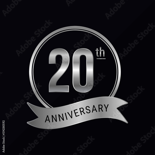 20th anniversary logo silver color for celebration event, wedding, greeting card, invitation, round