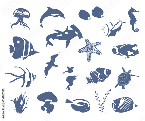 Set of 20 fish silhouettes isolated on white background with snail, dolphin, shark and turtle