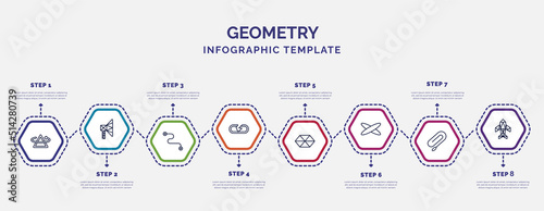 infographic template with icons and 8 options or steps. infographic for geometry concept. included rotate, line segment, break, hexahedron, ellipse, clip, polygonal jet aircraft icons.