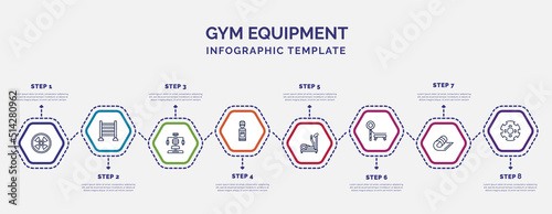 infographic template with icons and 8 options or steps. infographic for gym equipment concept. included tire, gym station, water hine, elliptical, trainer rod, mat, barrels icons.