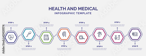 infographic template with icons and 8 options or steps. infographic for health and medical concept. included cardiology, medical book, medical drip, measure tape, breast pump, stationary bike, yoga
