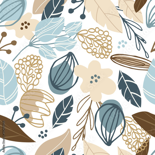 Floral seamless autumn pattern. Abstract tiles in simple cartoon hand drawn style. Scandinavian background in pastel palette. Print for printing on textiles. Vector illustration, doodle