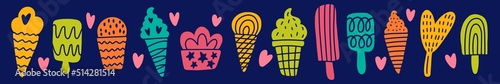 Vector summer horizontal pattern with ice cream drawn by hand