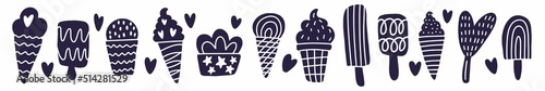 Vector summer horizontal pattern with ice cream drawn by hand