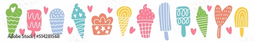 Vector summer horizontal pattern with ice cream drawn by hand