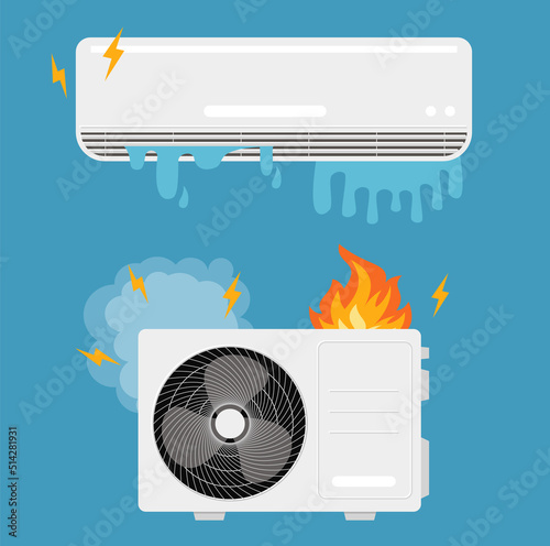 Hard day at work. Office interior. Broken conditioner. Equipment installation. Increase of efficiency. Built-in split system.