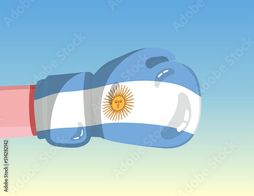 Flag of Argentina on boxing glove. Confrontation between countries with competitive power. Offensive attitude. Separation of power. Template ready design.