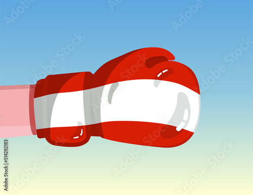 Flag of Austria on boxing glove. Confrontation between countries with competitive power. Offensive attitude. Separation of power. Template ready design.