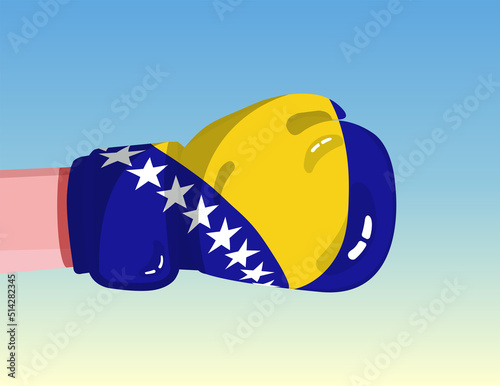 Flag of Bosnia and Herzegovina on boxing glove. Confrontation between countries with competitive power. Offensive attitude. Separation of power. Template ready design.