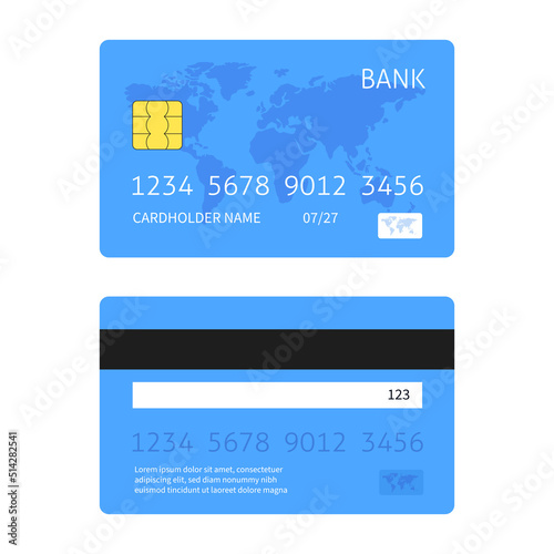 Simple blue credit card illustration back and front sides. Vector illustration..