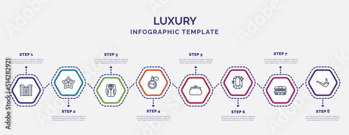 infographic template with icons and 8 options or steps. infographic for luxury concept. included resort, suit, fragance, clutch, ruby, cottage, smoke pipe icons. photo