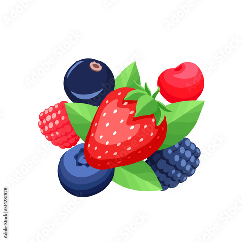 A handful of flying berries set of berries with green leaves in cartoon colorful style strawberry raspberry blueberry, cherry. Sweet. On White background