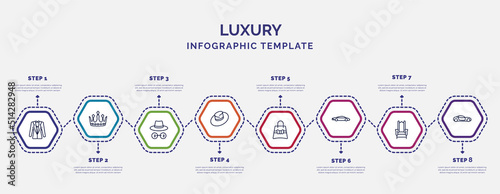 infographic template with icons and 8 options or steps. infographic for luxury concept. included vest suit, ganster, fedora hat, gift bag, car collection, throne, lux car icons.
