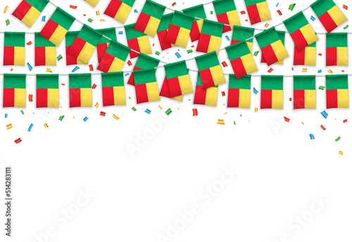 Benin flag garland white background with confetti, Hang bunting for Benin independence day celebration template banner, Vector illustration photo