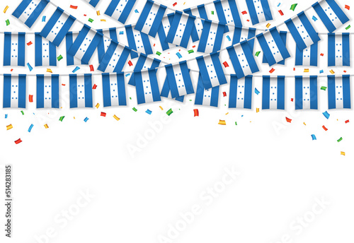 Honduras flag garland white background with confetti, Hang bunting for Honduras independence day celebration template banner, Vector illustration