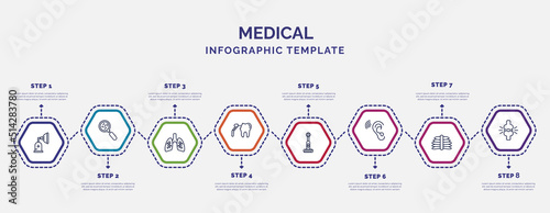 infographic template with icons and 8 options or steps. infographic for medical concept. included anesthesia, lungs, dental drill, electric toothbrush, ear, x ray, femur icons.