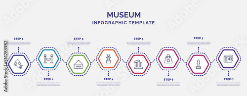 infographic template with icons and 8 options or steps. infographic for museum concept. included audio guide, open, sculpture, relics, souvenir, statue, postcards icons.