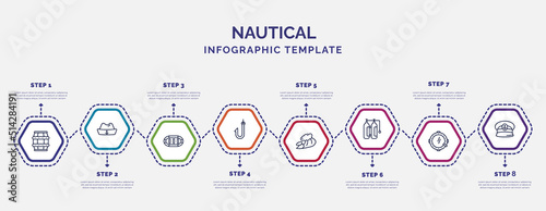 infographic template with icons and 8 options or steps. infographic for nautical concept. included big barrel, rubber raft, fishing hook, ocean waves, air tank, porthole, captain hat icons.