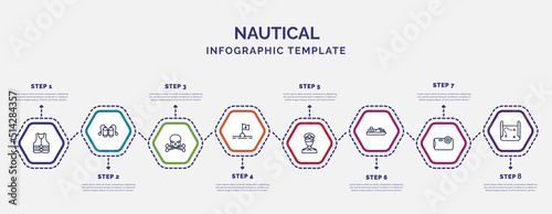 infographic template with icons and 8 options or steps. infographic for nautical concept. included life jacket, skull and bones, sea flag, sailor, cruise ship, water resist camera, treasure map