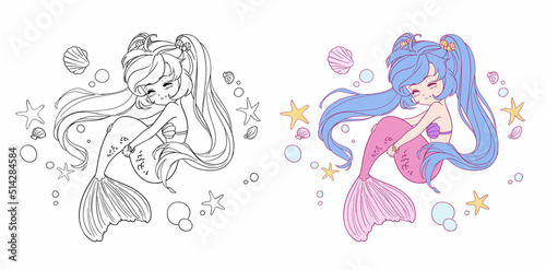 Cute little cartoon mermaid with long hair and fishtail.