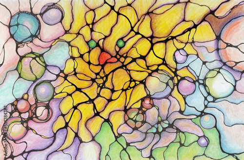 Neuro art graphic concept yellow abstract bird, colorful bubbles and circles. Art therapy of brain, mental safe care, pencil drawing