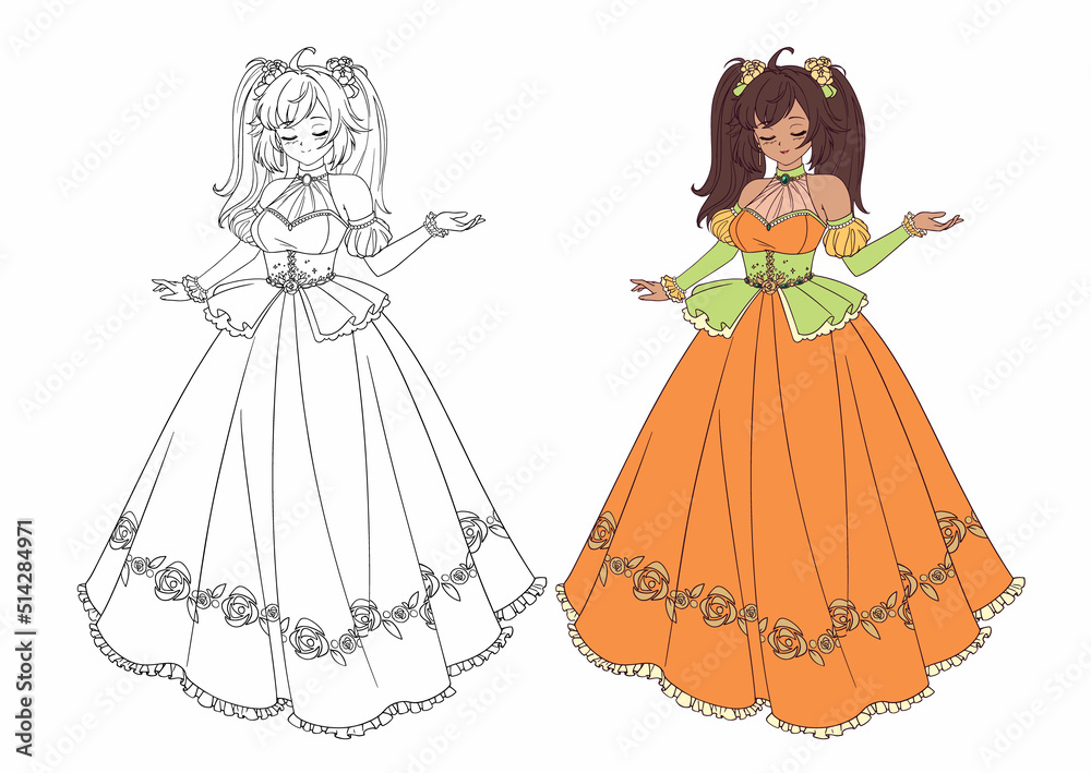Vector illustration of anime princess with tan skin, brown hair standing and wearing orange ball dress. Vector illustration of anime princess with tan skin, brown hair standing and wearing orange ball dress.