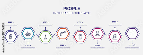 infographic template with icons and 8 options or steps. infographic for people concept. included bohemian, spanish woman, ruku, takbir, hips, dutch, bearded woman icons.