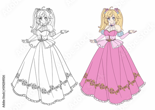 Vector illustration of anime princess with blonde hair standing and wearing ball dress.