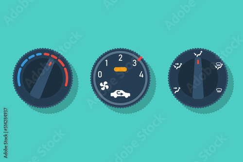 Climate control handle vector set. Air conditioning in car. Vehicle climate control system. Temperature switches. Cooling, heating car interior. Vector illustration flat design.