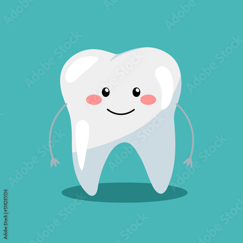 Adorable laughing molar tooth. Cute joyful mascot. Colorful vector illustration in flat style.