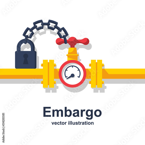 Embargo concept. Lock with a chain on a closed tap of the pipeline. Gas pipe between countries. Sanctions for fuel and energy resources. Vector illustration flat design. Isolated on white background.
