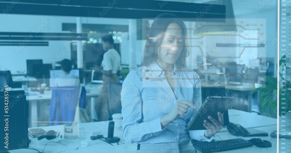 Animation of data processing over asian businesswoman using tablet in office Animation of data processing over asian businesswoman using tablet in office