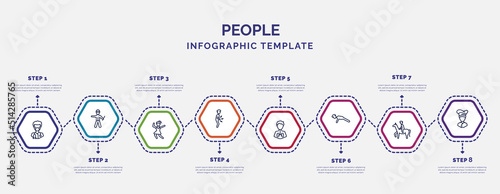 infographic template with icons and 8 options or steps. infographic for people concept. included paramedic, girl dancing, stoh ache, pulmonary, push ups, man riding a horse, chief icons.