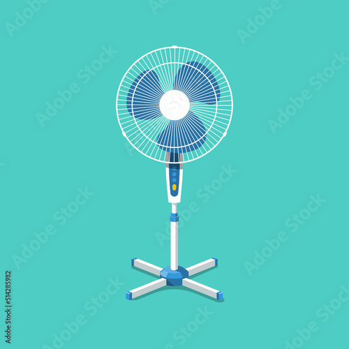 Stand fan. Standing fan with blades. Electric equipment for cooling air. Portable air conditioning. Vector illustration flat design. Isolated on white background. Portable device climate control.