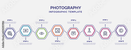 infographic template with icons and 8 options or steps. infographic for photography concept. included shades, red eye, exposure, chroma, tr, high quality, contrast icons.