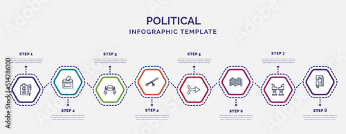 infographic template with icons and 8 options or steps. infographic for political concept. included peace treaty, ngo, nightstick, merging, leaflet, debate, oath icons.